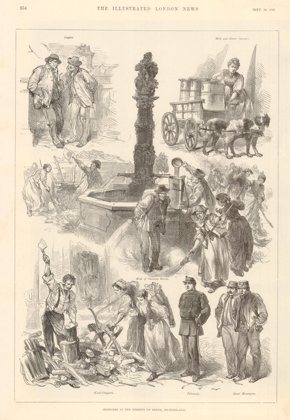 Sketches in the streets of Berne, Switzerland 1893 old antique print picture